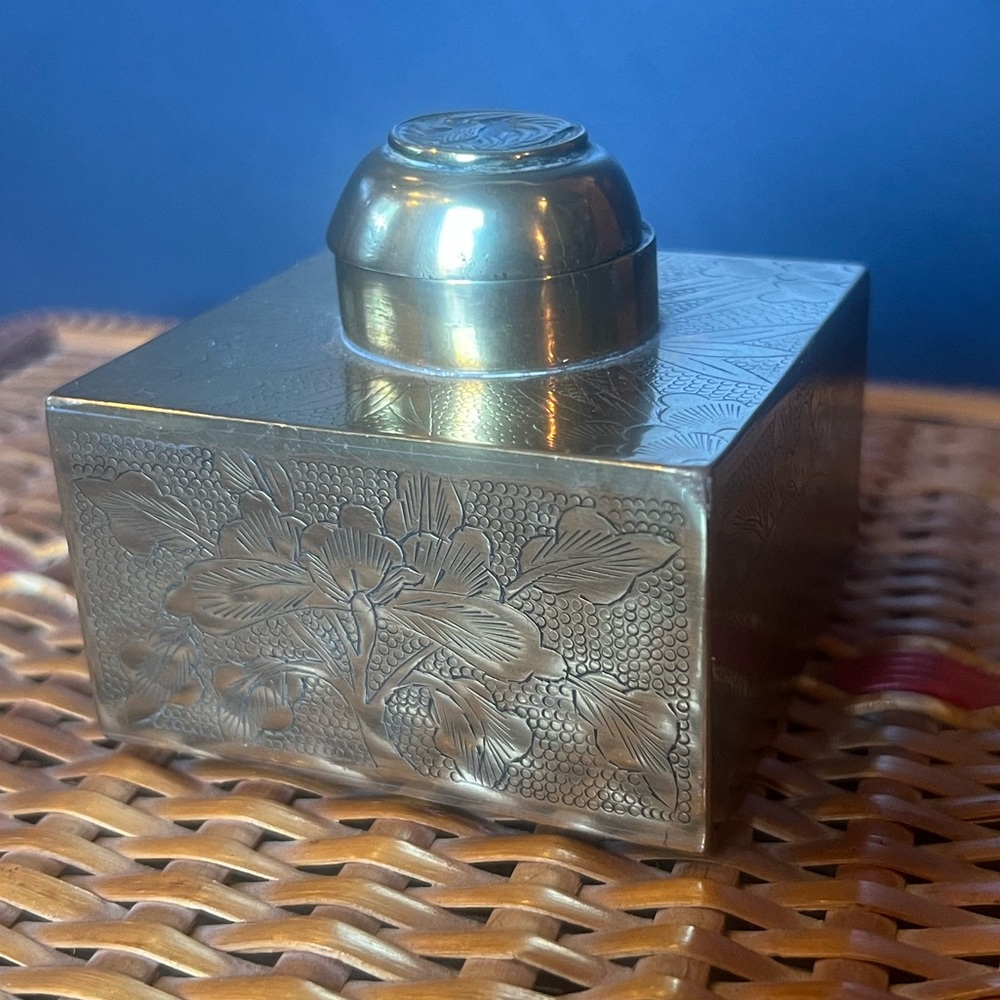 Antique brass ornate inkwell